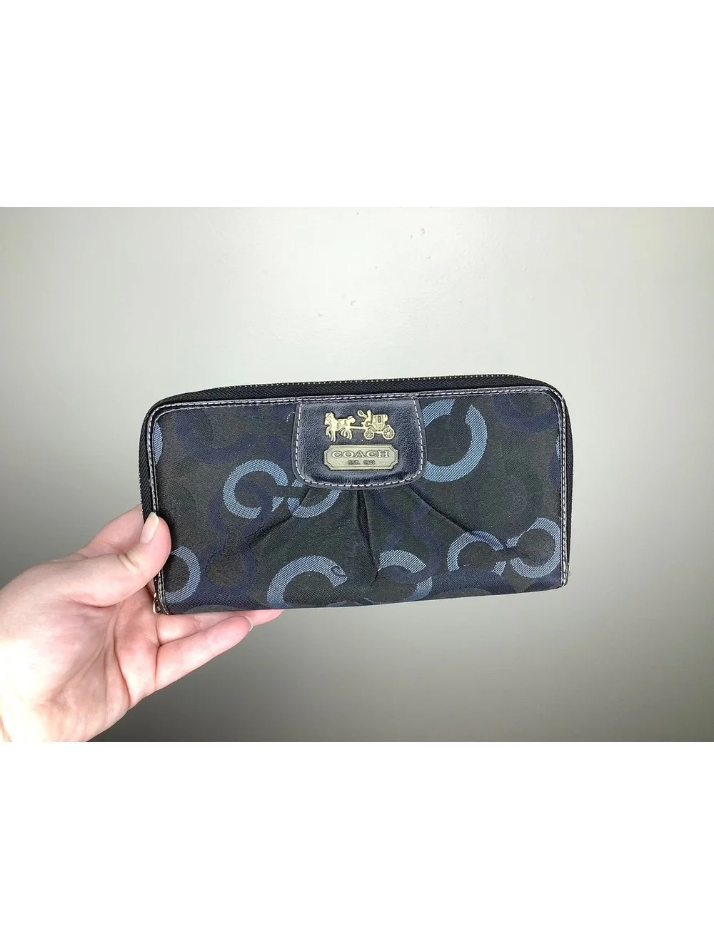 < Y2K Coach Black Fabric Wallet With Blue “C” Monogram Pattern >